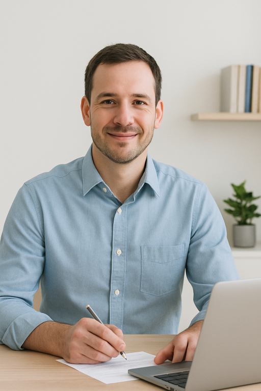 Homem profissional sorrindo, sentindo-se confiante com suas finanças